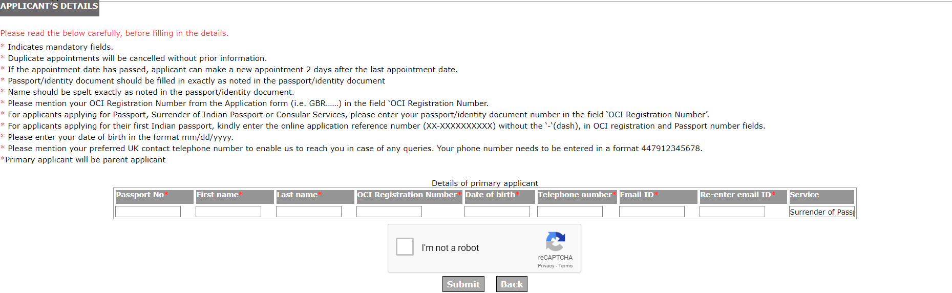 surrender application submission